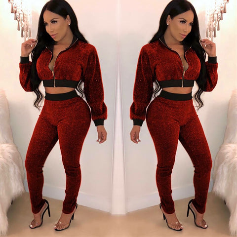 Sexy Red wine two piece jacket pant set