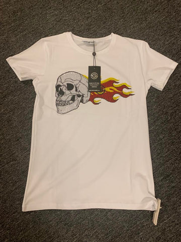 MENS WHITE RHINSTONE FIRE SKULL HEAD TEE