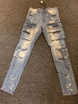 MEN BLUE WASH CARGO DAMAGED DENIM JEAN PANTS