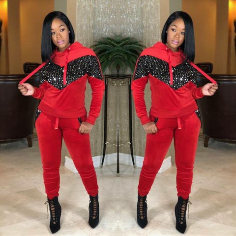 Red hoody two piece with glitter detailing