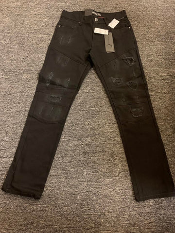 MEN JET BLACK BIKER DAMAGED DEMIN JEANS PANTS