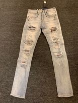 MEN BLEACH WASH RHINSTONE POCKET DENIM JEAN PANTS