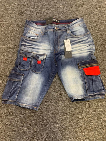 MEN BLUE/RED DENIM WORLD OF CARGO SHORTS