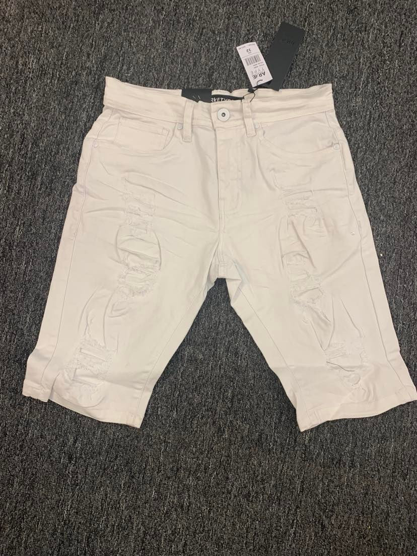 MEN WHITE TWILL RIPPED SHORT STRETCH