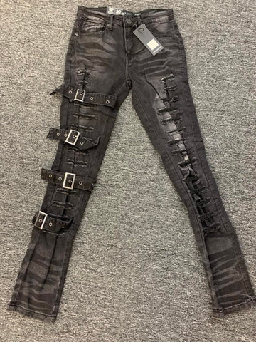 MEN BLACK ONE LEG BUCKLE DESRTOYED DENIM