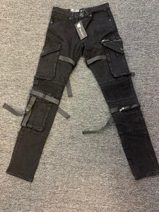 MEN JET BLACK BIKER STRAP CARGO JEANS