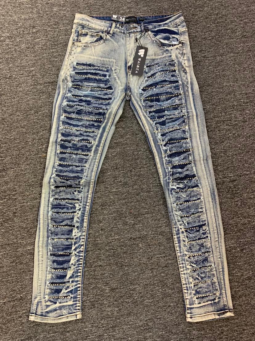 MEN BLUE WASH RHINESTONE DESTROYED JEANS