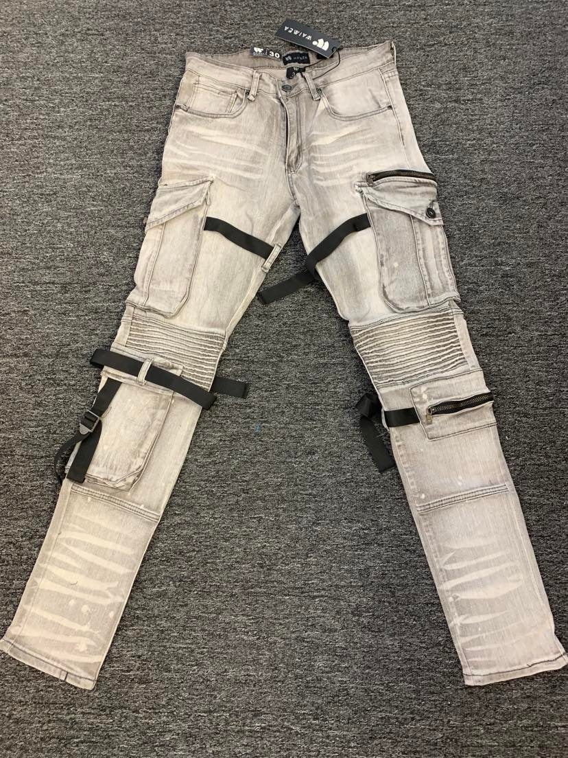 MEN GRAY BIKER STRAP CARGO JEANS