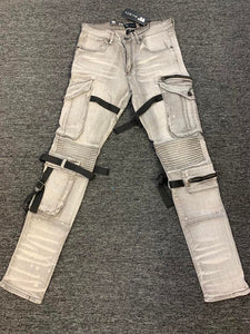 MEN GRAY BIKER STRAP CARGO JEANS