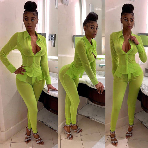 Neon green party outfit see through pant set