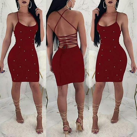 Classy string up back out pearl detailed mini dress