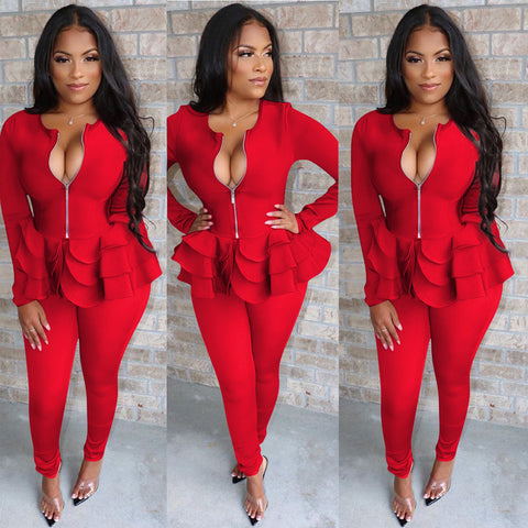 Red Ruffle casual pants suit two piece set