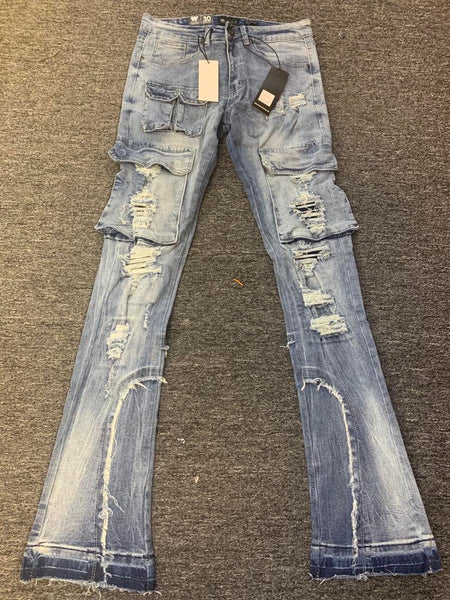 MEN INDIGO MULTI POCKET DAMAGED STACKED JEANS