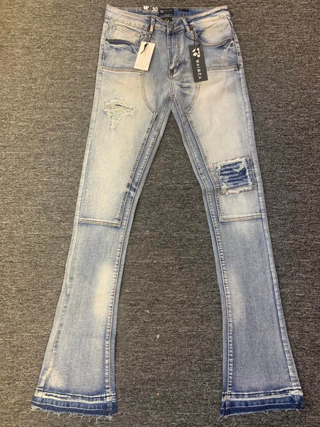 MEN BLUE WASH KNEE BLOCK DAMAGED STACKED JEANS