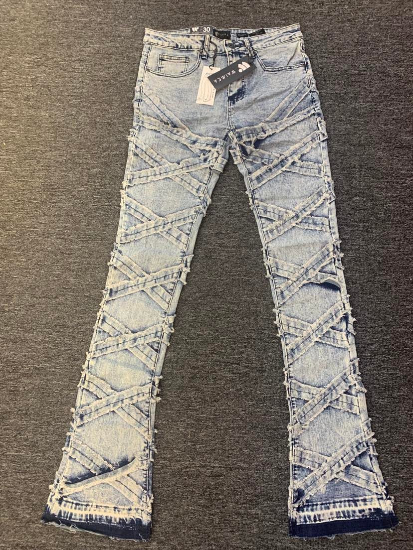 MEN BLUE WASH CRISS CROSS STACKED JEANS