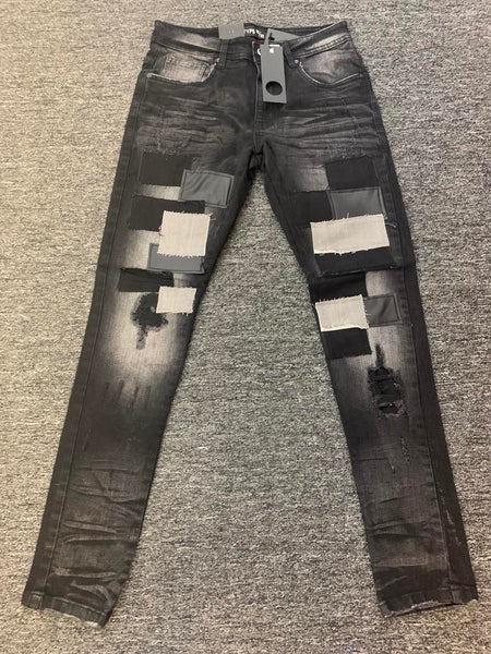 MEN BLACK PATCH WORK DENIM JEANS