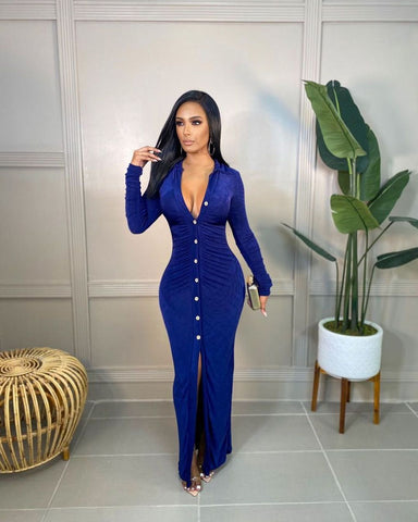 Blue Sexy fashion solid color single breasted cardigan dress