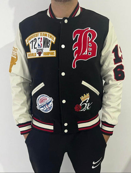 MEN BLACK/ RED CHICAGO BULLS NBA LEATHER SLEEVE VARSITY JACKET