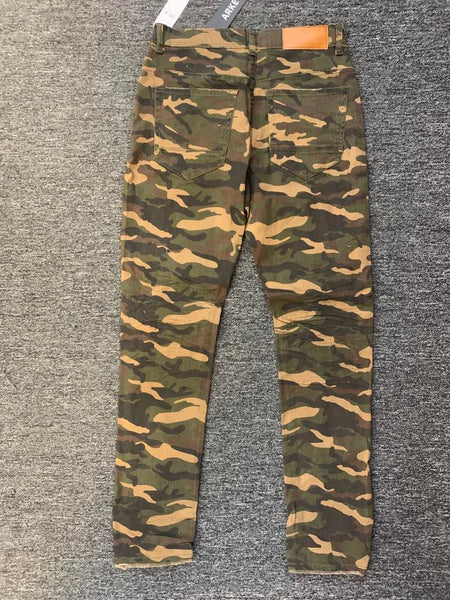 MEN OLIVE CAMO TWILL RIPPED STRETCH PANTS