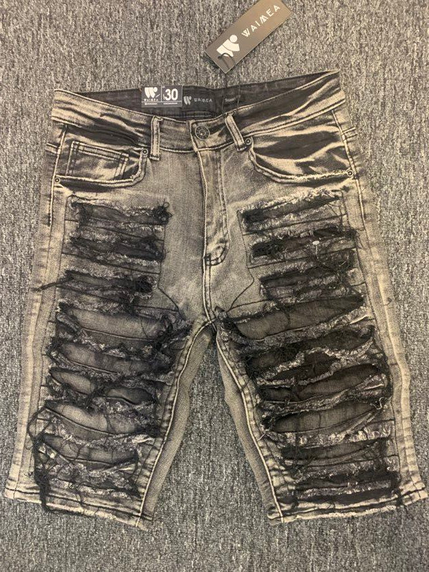 MEN BLACK WASH DESTORYED DAMAGE DENIM SHORTS