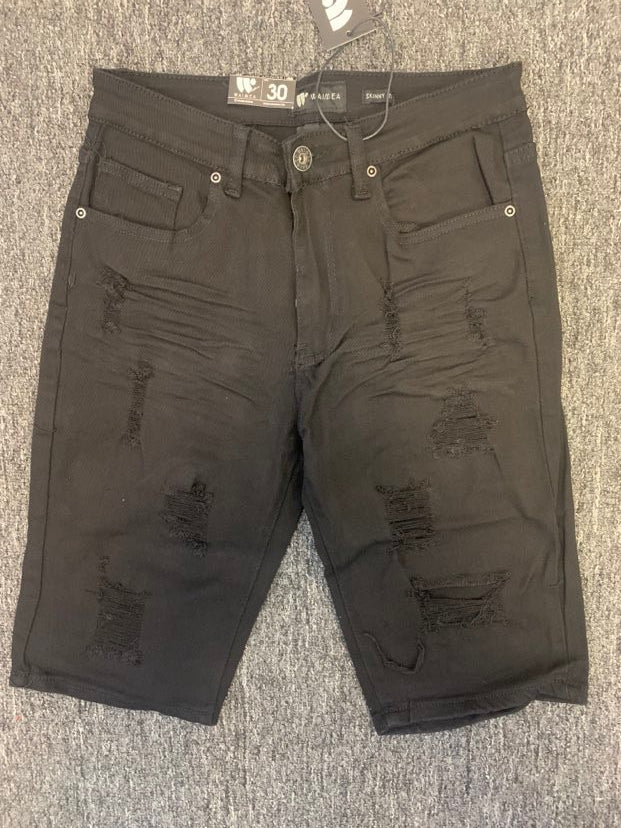 MEN JET BLACK DAMAGED DENIM SHORTS