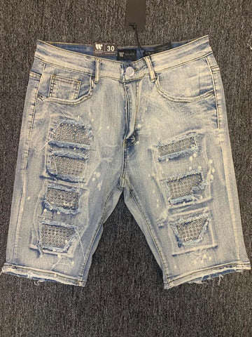 MEN BLUE WASH STUD DAMAGED DEMIN SHORT