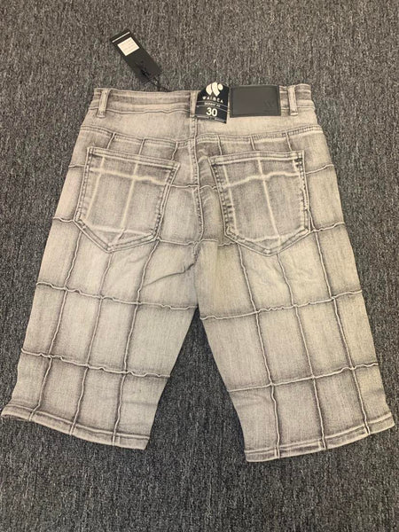 MEN GRAY STITCHED BLOCKS DENIM SHORTS