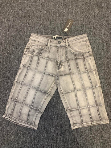 MEN GRAY STITCHED BLOCKS DENIM SHORTS