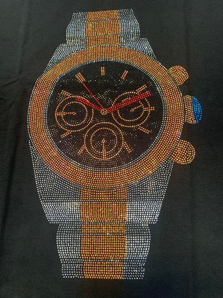 MEN PLUS SIZE BLACK GOLD WATCH GLITTERY TSHIRT