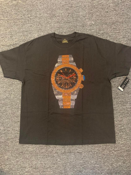 MEN PLUS SIZE BLACK GOLD WATCH GLITTERY TSHIRT