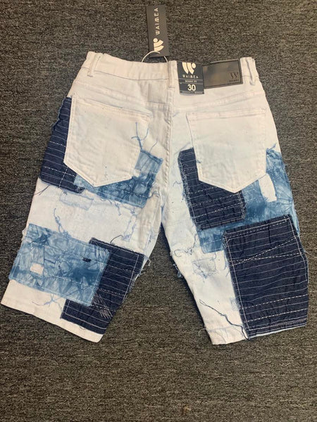 MEN WHITE BLUE JEAN PATCH DEINM SHORTS