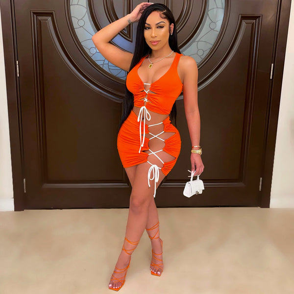 Orange Solid color bandage sexy two piece set