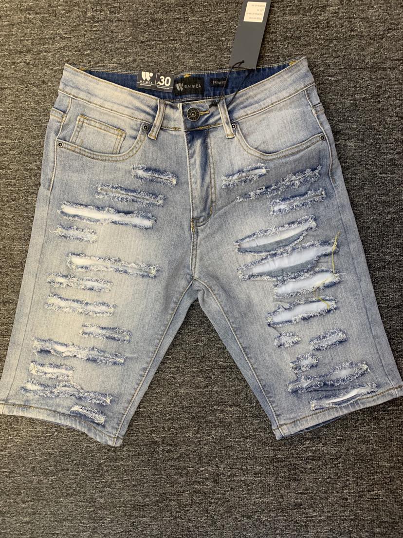 MEN BLUE WASH DESTROYED SHORTS