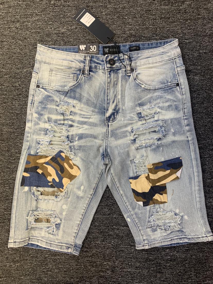 MEN BLUE WASH CAMO DESTROYED SHORTS