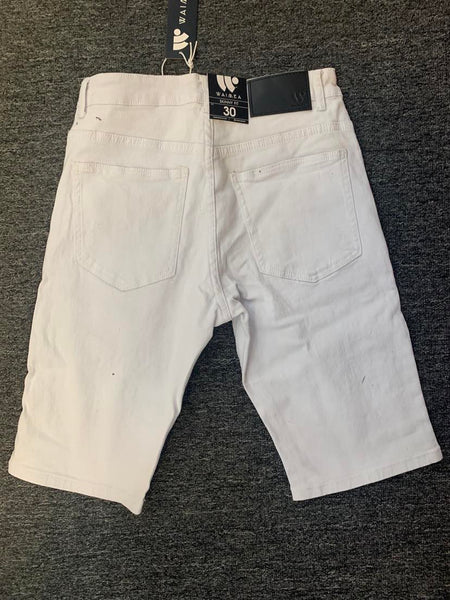 MEN WHITE STITCHED BLOCK DESTROYED LOOK DENIM SHORTS