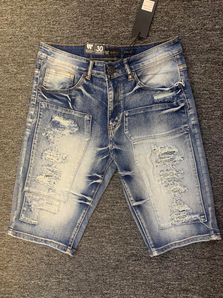 MEN BLUE WASH STITCHED BLOCK DESTROYED LOOK DENIM SHORTS