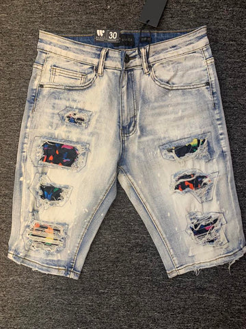 MEN BLUE WASH COLOR BLOCK DESTROYED DENIM SHORTS