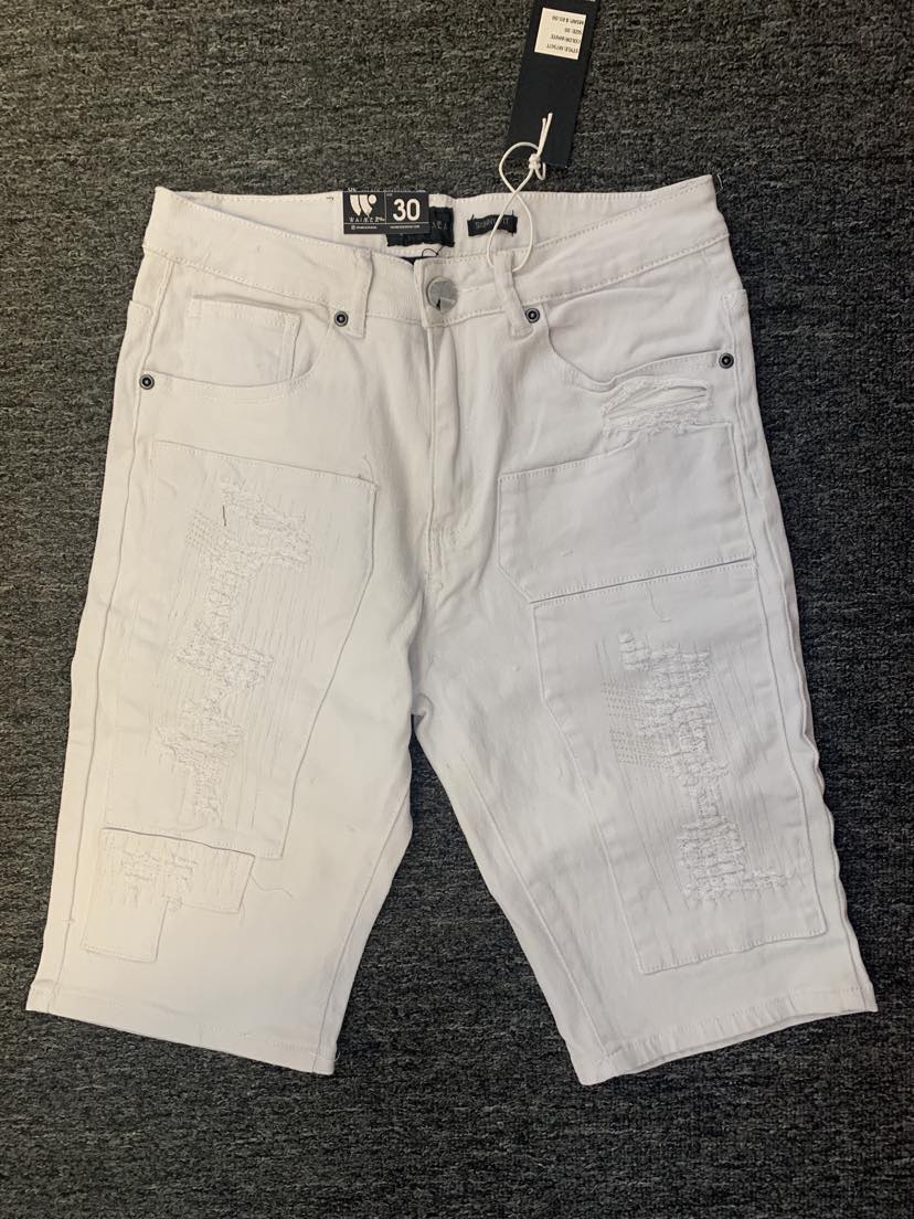 MEN WHITE STITCHED BLOCK DESTROYED LOOK DENIM SHORTS