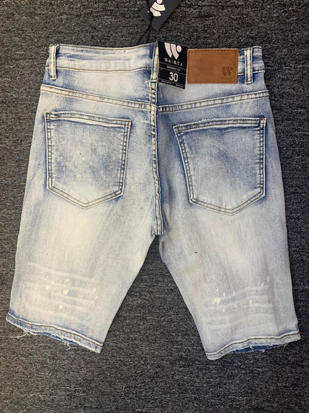 MEN BLUE WASH COLOR BLOCK DESTROYED DENIM SHORTS