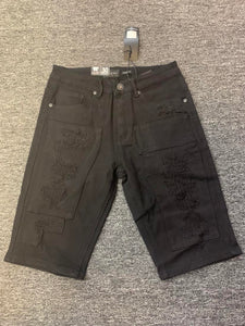 MEN BLACK STITCHED BLOCK DESTROYED LOOK DENIM SHORTS