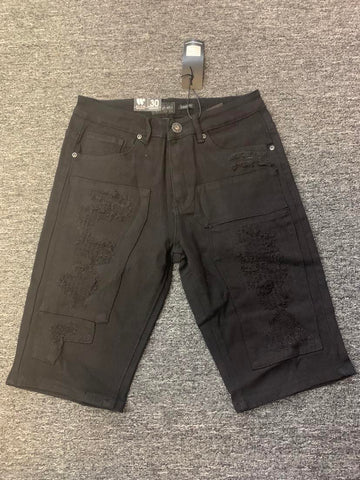 MEN BLACK STITCHED BLOCK DESTROYED LOOK DENIM SHORTS