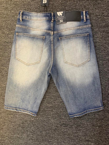 MEN BLUE WASH STITCHED BLOCK DESTROYED LOOK DENIM SHORTS