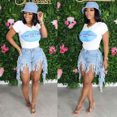 Light Blue Fringed ground denim shorts jeans