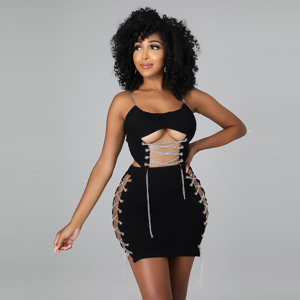 Black sexy hollow out two-piece skirt set with chains