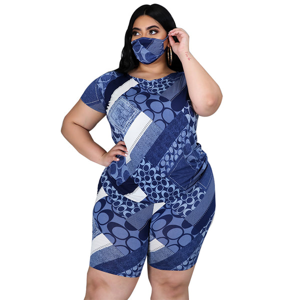 Royal Blue Plus size digital printed three piece set