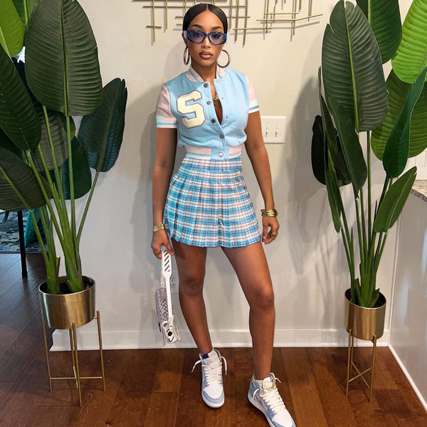 Light Blue Baseball Plaid print skirt suit