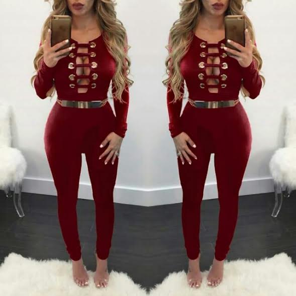 Burgundy deep v neck detailed jumpsuit