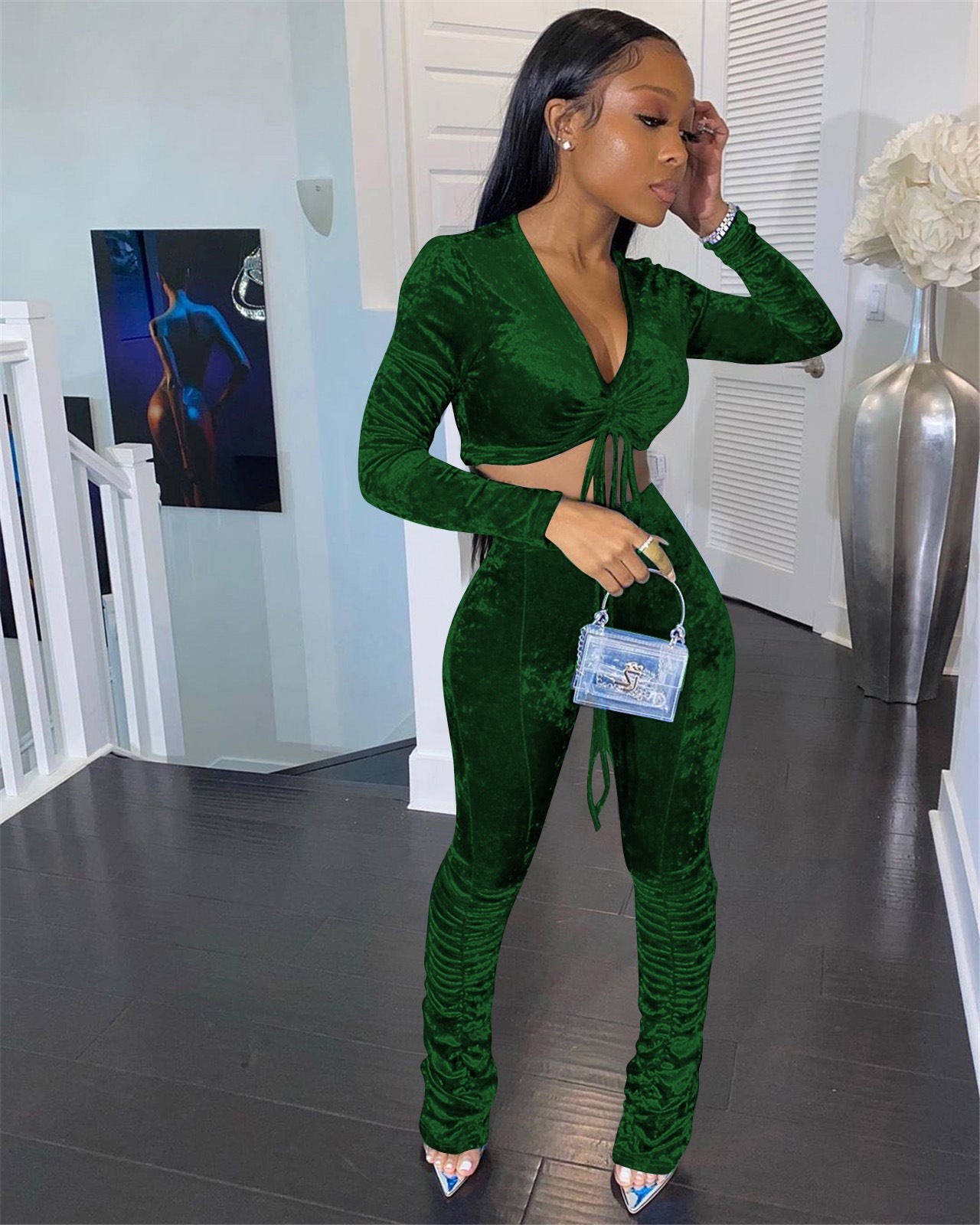 Green Pleated stacked V-neck sportswear suit