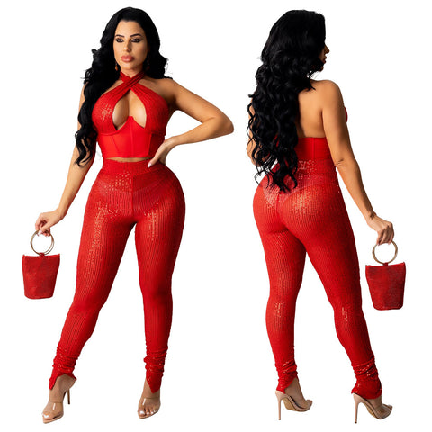 Red Sexy Sequin slim pencil pants two piece set