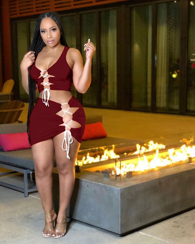 Red Wine Solid color bandage sexy two piece set